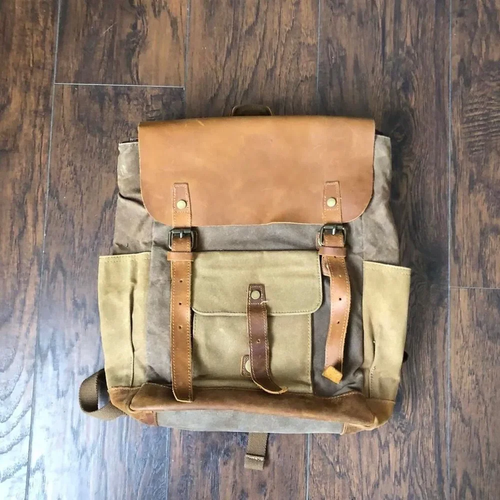 Vintage Leather Waxed Canvas Backpack Outdoor Sports Hiking Bag Travel Professor
